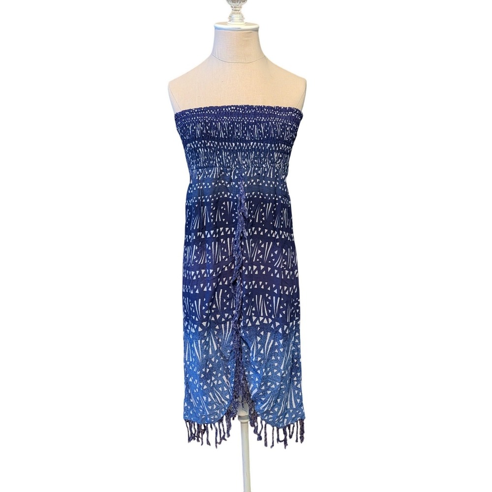 Volcom Suns Up Dress Blue Tribal Print Smocked Strapless Fringe Sz‎ Small